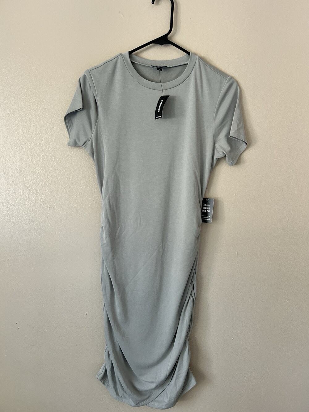 NWT Express Women's Size S Sage Green Ruched Bodycon Midi T-Shirt Dress $69.95